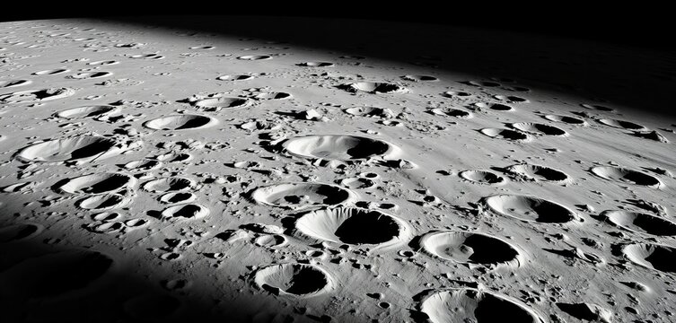 Vast, shadowed lunar crater landscape, textured surface,  stars,  detail