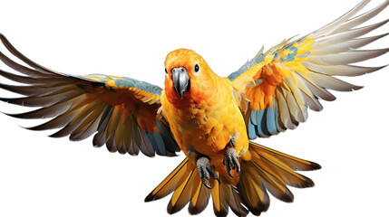 A vibrant Sun Conure parrot with wings spread wide, showcasing its brilliant yellow and orange plumage, in mid-flight against a black background.