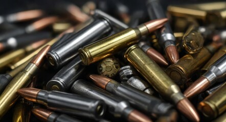 Close up of Ammunition Pile in Studio Setting Showing Variety of Bullets and Cartridge Casings for Firearms and Weapons