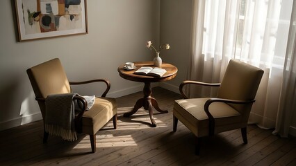 Cozy Living Room Corner with Two Armchairs and Wooden Table Near Sunlit Window