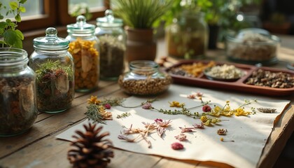Herbalist table with glass jars holding dried plants and flowers. Assortment of seeds and botanicals arranged for crafting or natural remedies. Rustic wood surface setting.