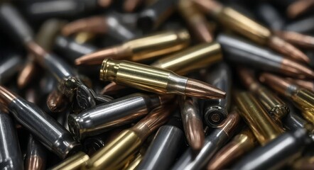 Close up of ammunition pile with brass and silver casings in overhead shot for gun rights or military concept