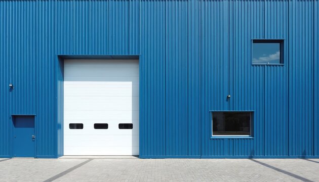 Blue industrial building exterior with large white garage door and windows. Modern cargo factory facade with metal cladding outside. Commercial storehouse property.