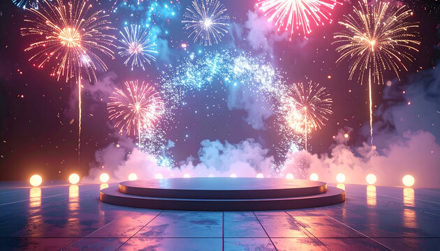 Empty circular stage on a dark floor with colorful fireworks and smoke in the background. Bright celebratory podium backdrop for product display and festive events.