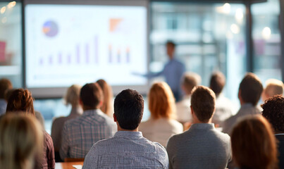 Professional business conference with audience watching financial data presentation