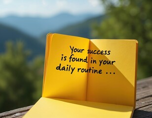 Open yellow notebook shows handwritten quote success in daily routine. Blurred green mountain landscape background. Peaceful nature setting, peaceful contemplation, focus on consistency leads to
