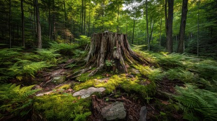 Lush Green Forest Landscape Featuring a Tree Stump Surrounded by Ferns and Soft Light Filtering Through the Canopy