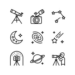 Space exploration and astronomy themed icons telescopes planets and celestial objects