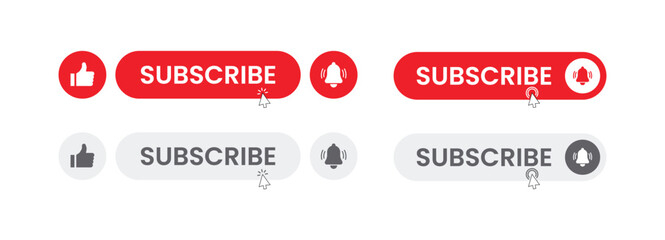 Modern Subscribe Button UI Set with Like and Notification Bell Icons for Digital Media, Video Channels, and Call-to-Action Marketing Designs