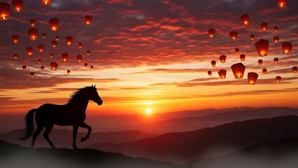 Silhouette Horse Galloping Against Fiery Sunset Sky with Floating Lanterns image photo