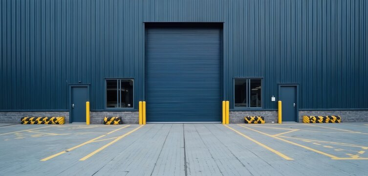 Modern industrial building facade with corrugated blue siding. Large roller door center, two doors, windows, yellow bollards mark parking area. Concrete lot has yellow directional lines.
