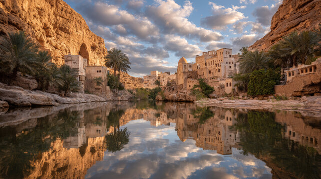 Ancient city on the edge of wadi shab with historic stone buildings and palm trees reflected in calm water under a partly cloudy sky