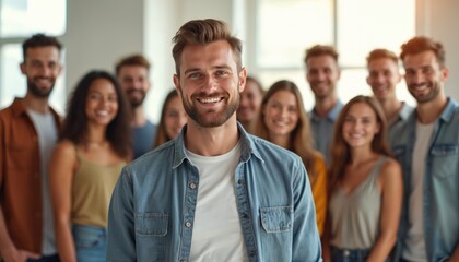 Smiling diverse group of young adults stand together indoors. Confident man leads happy colleagues with varied ethnicities, genders. Teamwork, friendship evident in cheerful faces, casual clothes.