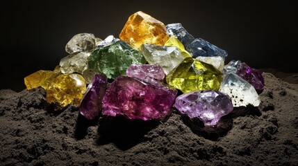 A pile of colorful polished gemstones aggressively scattered
