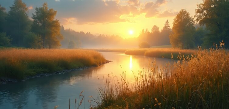 Golden sun sets over tranquil river and reed field. Warm light reflects on calm water, creating peaceful nature scene with misty trees in distance. Perfect for backgrounds and nature themes. - Powered by Adobe
