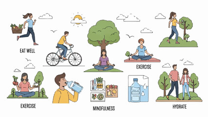 People engaging in various wellness activities such as exercise, meditation, and hydration outdoors in a serene landscape