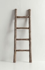 Rustic wooden ladder stands against a clean white wall symbolizing growth opportunity or career path. Natural weathered steps represent journey to success. Object isolated on backdrop.