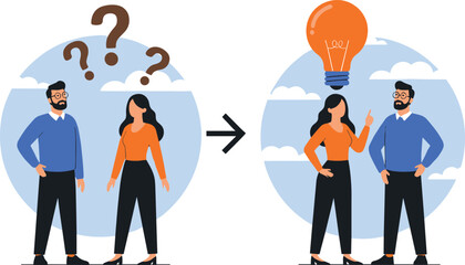 Couple finding solution and creative idea from problem with light bulb and question marksCouple finding solution and creative idea from problem with light bulb and question marks