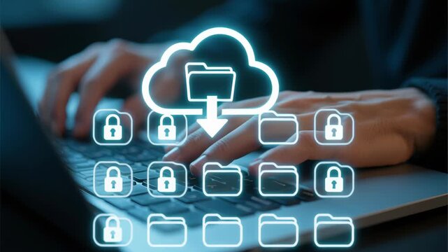 Data foundation quality. cloud based file storage, security protection, ai backup solutions business, cloud folder icons overlay hands typing laptop keyboard showing secure data transfer and backup