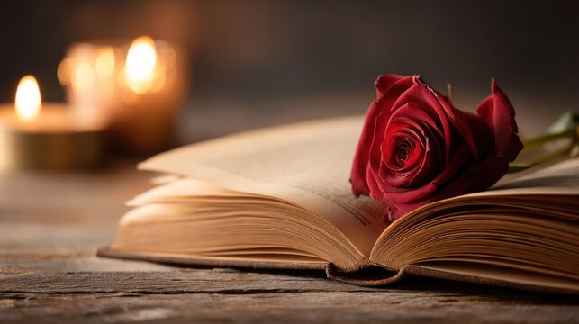 Romantic ambiance featuring an open book and a red rose with warm candlelight in a cozy setting