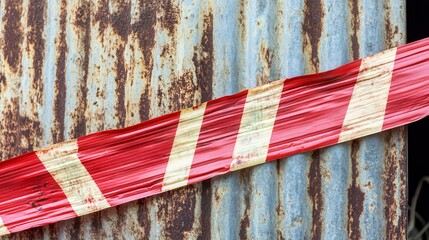 Bright red and yellow striped hazard warning tape stretched across a rusty corrugated metal surface