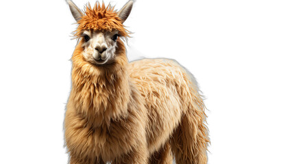 Adorable fluffy light brown alpaca standing in front of a black background, looking directly at the camera with a curious expression.