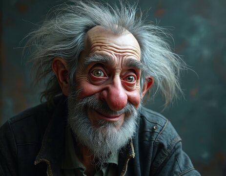 Stylized old man portrait with exaggerated features. Grey messy hair, big nose, bushy eyebrows and beard. Friendly mischievous smile conveys humor and character.
