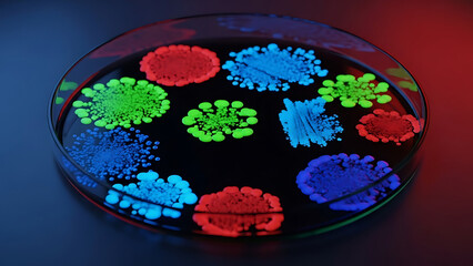 Vibrant fluorescent bacterial colonies growing in a glass petri dish, concept of microbiology and science research.