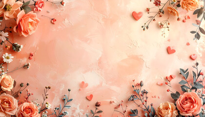 Peach textured backdrop with a floral frame of roses and small hearts. Elegant romantic background with copy space for Valentine's Day and Mother's Day celebrations.