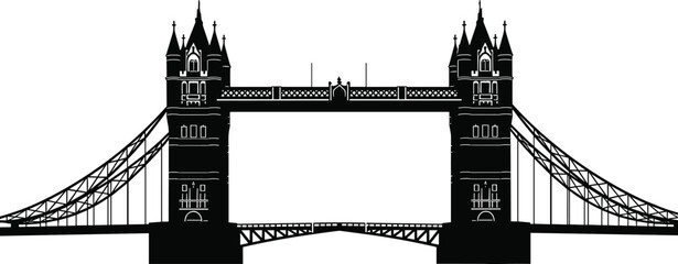 Black silhouette of London Tower Bridge landmark isolated on white background flat vector illustration for British travel tourism and United Kingdom architecture
