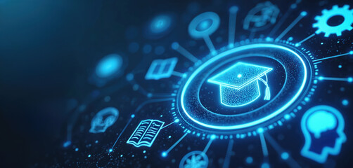 Abstract digital network shows graduation cap learning icons. Futuristic concept for online education, knowledge growth and digital learning systems. Computer science class concept.