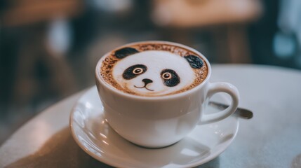 Cute Panda Design in Latte Art Served in White Coffee Cup on a Table in a Cozy Cafe Setting