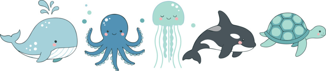 Cute sea animals vector set with whale octopus jellyfish orca and turtle illustrationsCute sea animals vector set with whale octopus jellyfish orca and turtle illustrations