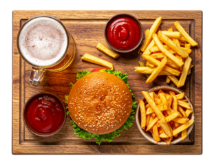 Rustic Pub Meal with Hamburger, Fries, and Draft Beer, Top-Down View, Isolated