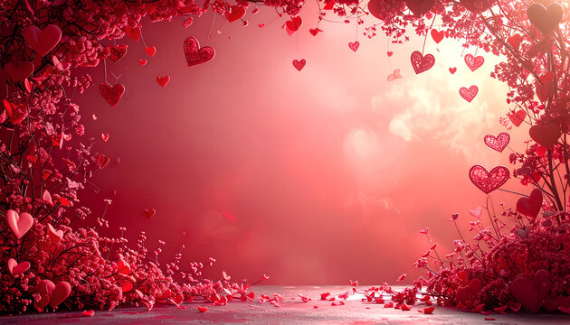 Red romantic background with floral borders and hanging hearts. Vibrant festive backdrop with copy space for Valentine's Day, wedding, and love-themed creative designs.