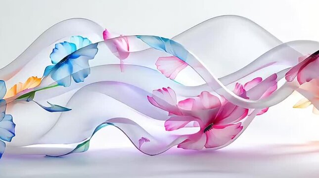 Ethereal floral patterns in vibrant shades of orange, pink, and blue elegantly flow across a pristine white background, forming a dynamic and artistic composition.