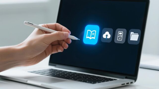 Data foundation quality. cloud based file storage, security protection, ai backup solutions business, book icon glowing laptop screen with hand interacting modern office digital workflow