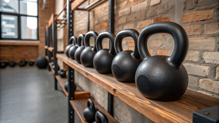 Home workout equipment kettlebells gym fitness weight training strength training cast iron handle shelf brick wall studio