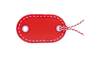 3D Blank red gift tag with red and white twine on transparent background