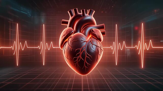 Digital Human Heart with ECG Pulse and Medical Technology Visualization