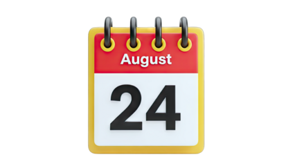 3D Calendar Page Showing August 24 on transparent background