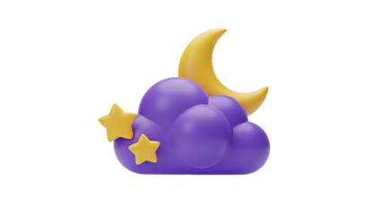 3D Purple cloud with moon and stars, 3d render, icon on transparent background