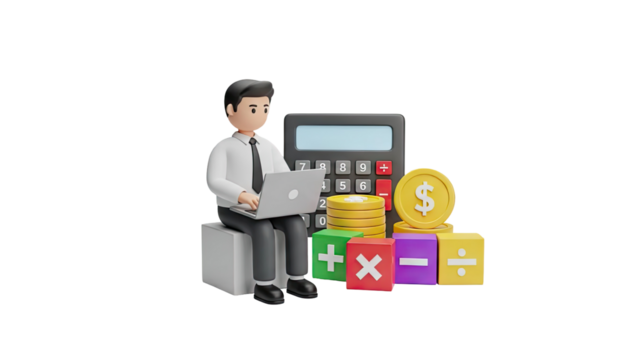 3D Cartoon Businessman working on laptop with calculator and coins on transparent background - Powered by Adobe