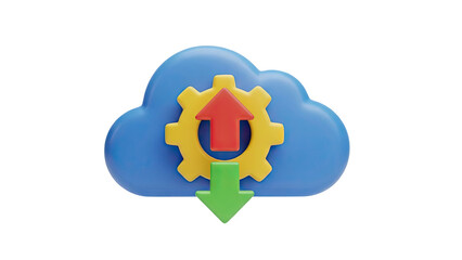 3D Cloud service upload download gear icon on transparent background