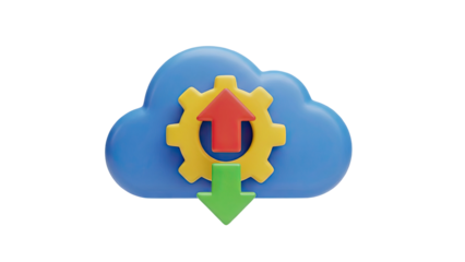 3D Cloud service upload download gear icon on transparent background