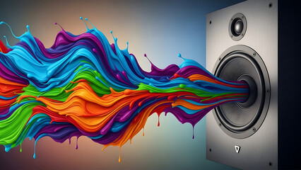 High-energy sound waves burst from a modern speaker in a dynamic splash of vibrant liquid colors.