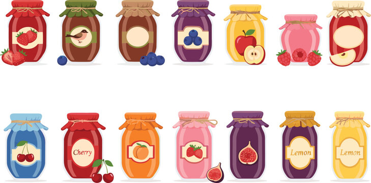 Fruit jam and jelly jars collection with various organic flavors and colorful labels vectorFruit jam and jelly jars collection with various organic flavors and colorful labels vector