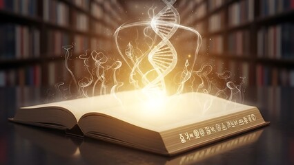 Open Book with Glowing Dna Double Helix and Scientific Symbols in Library Background