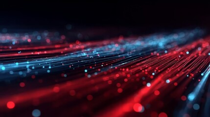 Abstract Data Stream Visualization with Red and Blue Light Trails on Dark Background, Close-up Perspective