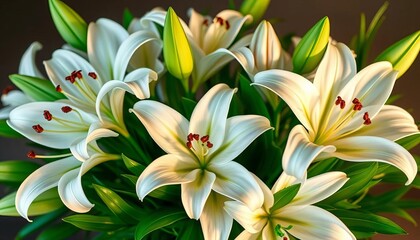 Elegant bouquet of pristine white lilies, lush green foliage,  beauty,  white